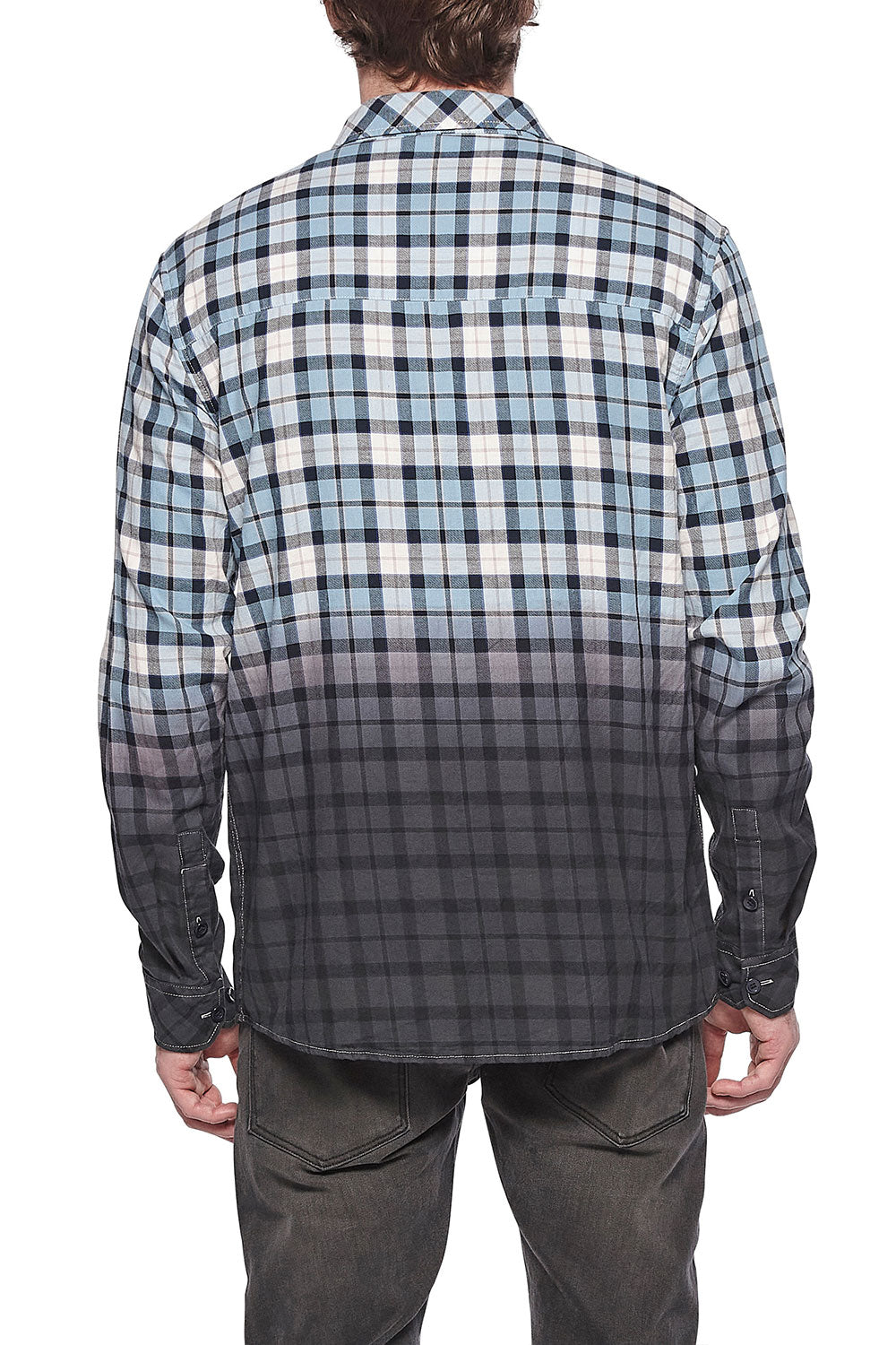 Wholesale,Eleven Paris, Eleven Paris Blue Plaid Dip Dye Dark Grey Long Sleeve Shirt, Blue, Extra Large-48-TagXLLarge-46-TagLSmall-41-TagSMedium-44-TagM