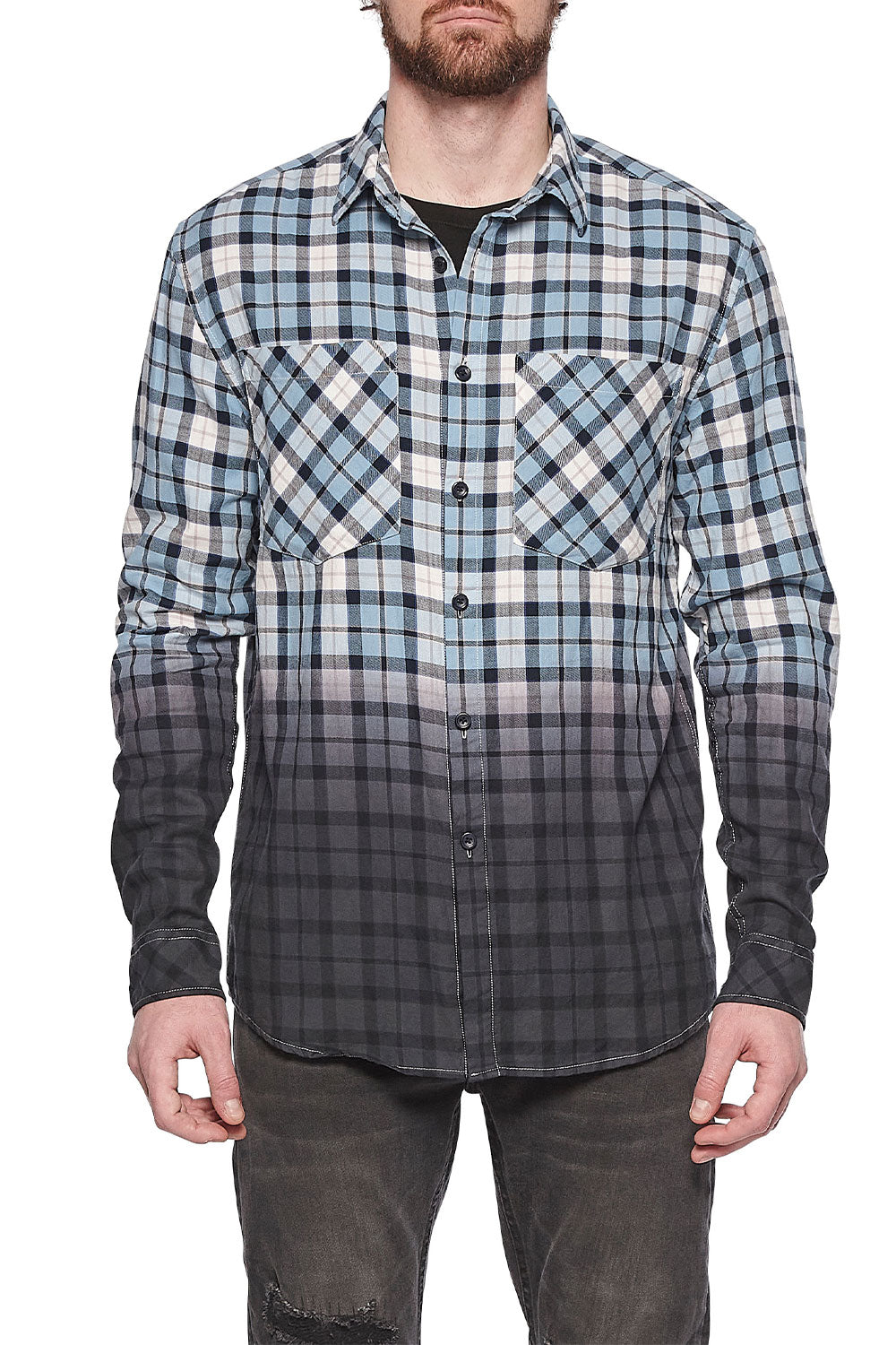 Wholesale,Eleven Paris, Eleven Paris Blue Plaid Dip Dye Dark Grey Long Sleeve Shirt, Blue, Large-46-TagL