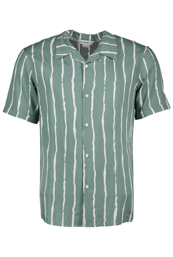 Eleven Paris Green Abstract Stripes Camp Collar Short Sleeve Shirt