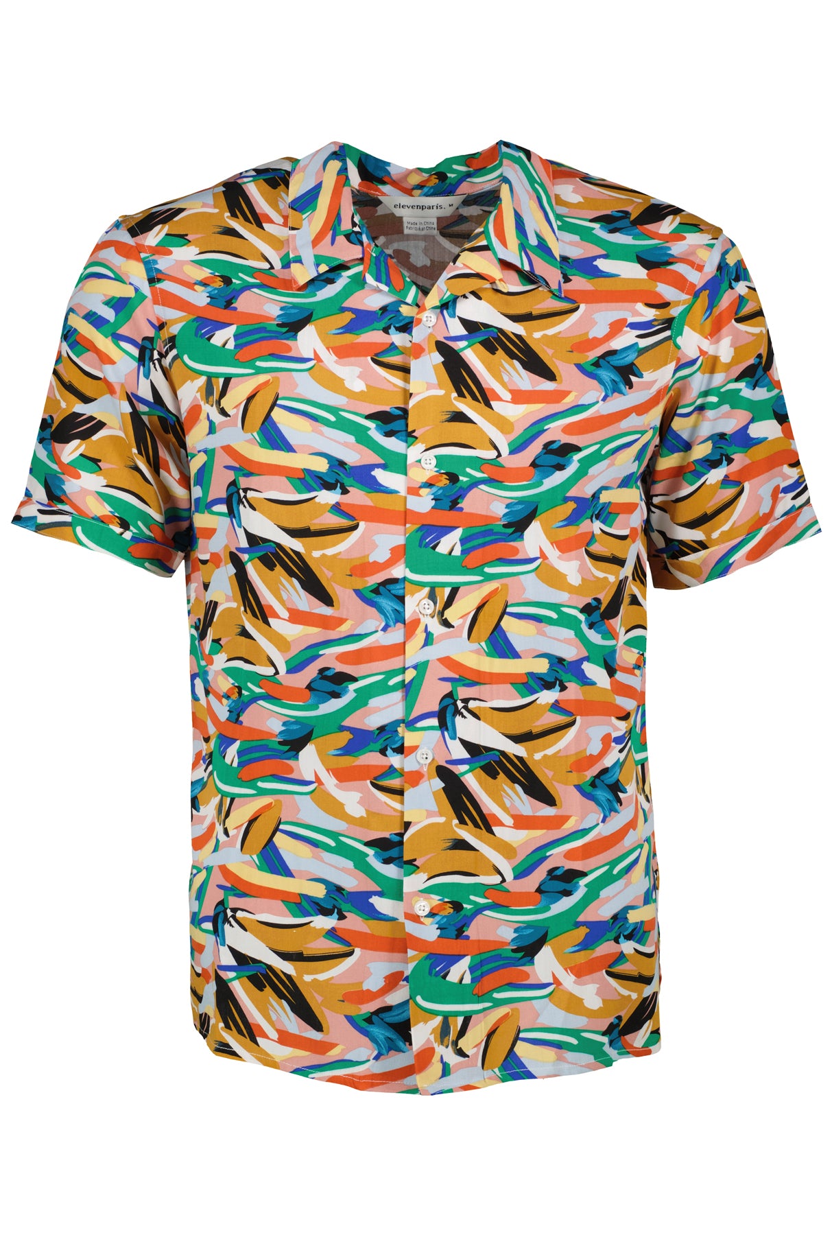 Wholesale,Eleven Paris, Eleven Paris Orange/Green Paint Splatter Camp Collar Short Sleeve Shirt, Orange, Small-41-TagS