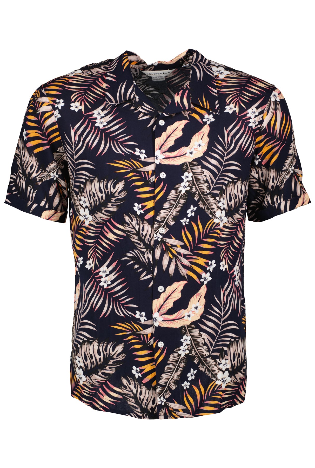 Wholesale,Eleven Paris, Eleven Paris Navy Tropical Print Camp Collar Short Sleeve Button Up Shirt, Blue, Large-47-TagXL