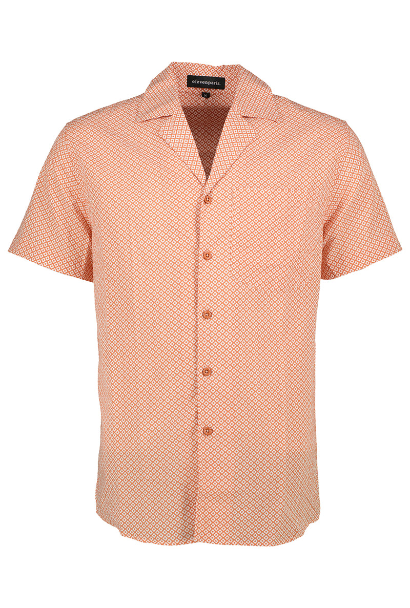 Eleven Paris Orange Floral Batik Camp Collar Short Sleeve Shirt