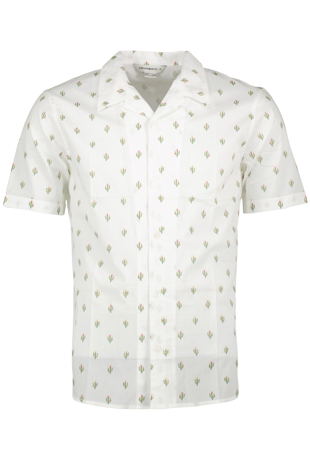Bobbi + Bricka,NN07, Eleven Paris White Cactus Print Camp Collar Short Sleeve Shirt, White, Large-47-TagLMedium-44-TagMSmall-42-TagS