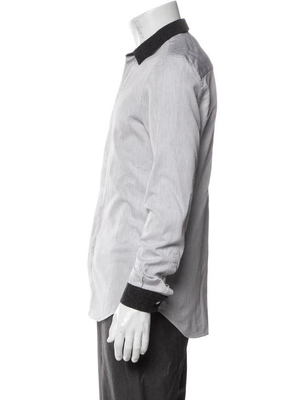 Emporio Armani Light Grey Textured Button Up Shirt With Contrast Dark Grey Collar