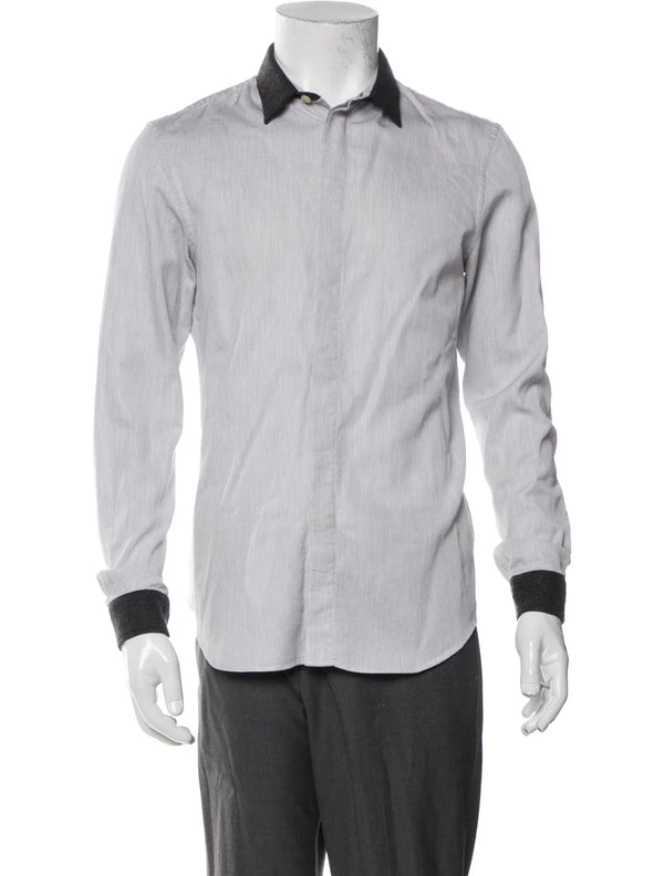 Emporio Armani Light Grey Textured Button Up Shirt With Contrast Dark Grey Collar