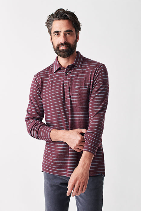Otrium,Faherty, Faherty Burgundy Striped Ultra Soft Long Sleeve Polo With Front Chest Pocket, Red, Medium-41-TagM