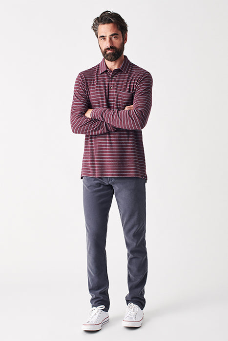 Otrium,Faherty, Faherty Burgundy Striped Ultra Soft Long Sleeve Polo With Front Chest Pocket, Red, Large-46-TagL