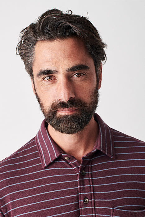 Otrium,Faherty, Faherty Burgundy Striped Ultra Soft Long Sleeve Polo With Front Chest Pocket, Red, Large-46-TagL