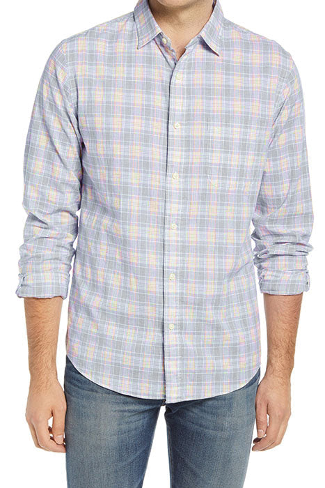 Otrium,Faherty, Faherty Pastel Blue & Peach Plaid Linen Blend Longsleeve Button Up, Blue, Extra Extra Large-51-TagXXL