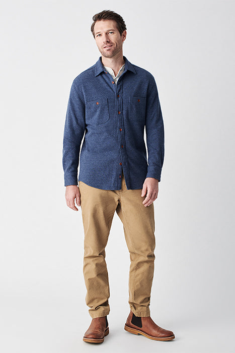 Faherty Dark Blue Speckled Knit Button Up Shirt With Two Chest Pockets