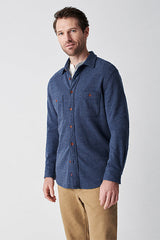 Faherty Dark Blue Speckled Knit Button Up Shirt With Two Chest Pockets