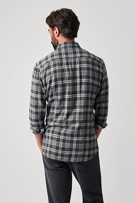 Faherty Dark Charcoal Grey With Blue & Orange Plaid Reversible Flannel Button Up