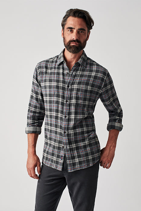 Faherty Dark Charcoal Grey With Blue & Orange Plaid Reversible Flannel Button Up