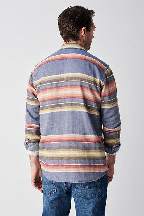 Faherty Heather Blue Button Up Shirt With Multi-Colored Stripes