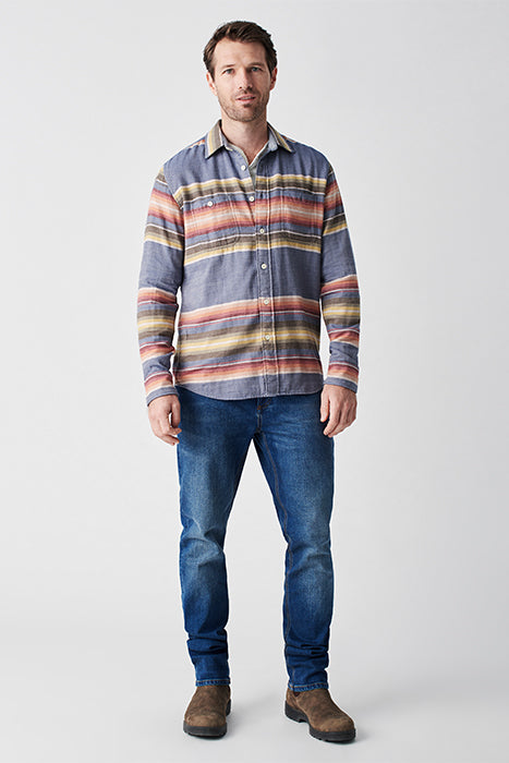 Otrium,Faherty, Faherty Heather Blue Button Up Shirt With Multi-Colored Stripes, Blue, Medium-42-TagM