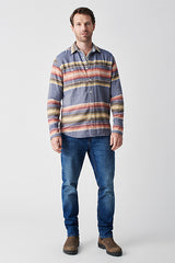 Faherty Heather Blue Button Up Shirt With Multi-Colored Stripes
