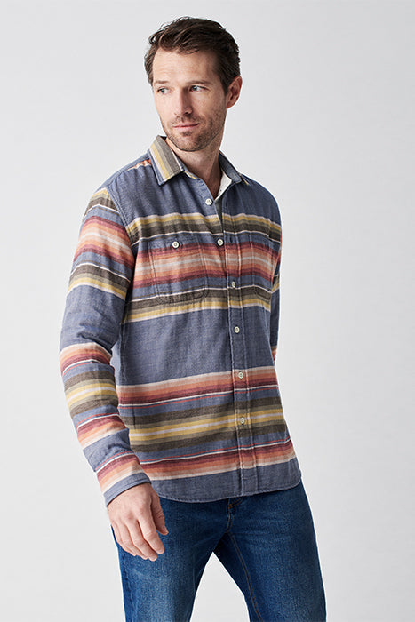 Faherty Heather Blue Button Up Shirt With Multi-Colored Stripes