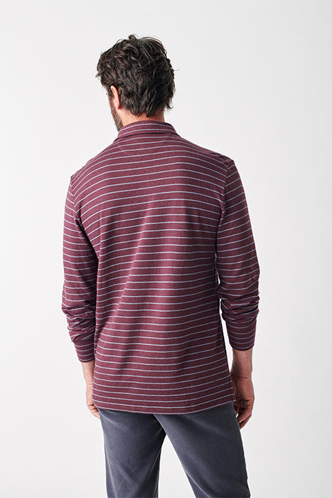 Otrium,Faherty, Faherty Burgundy Striped Ultra Soft Long Sleeve Polo With Front Chest Pocket, Red, Extra Large-48-TagXLMedium-41-TagMLarge-46-TagL