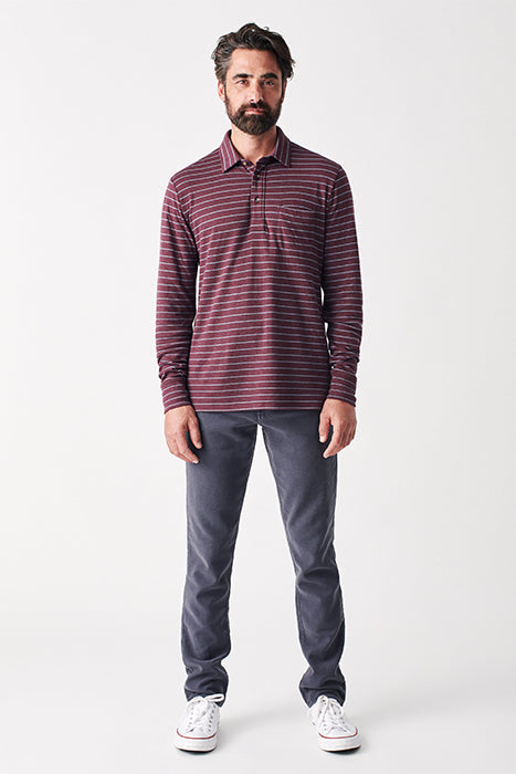 Otrium,Faherty, Faherty Burgundy Striped Ultra Soft Long Sleeve Polo With Front Chest Pocket, Red, Extra Large-48-TagXLMedium-41-TagMLarge-46-TagL