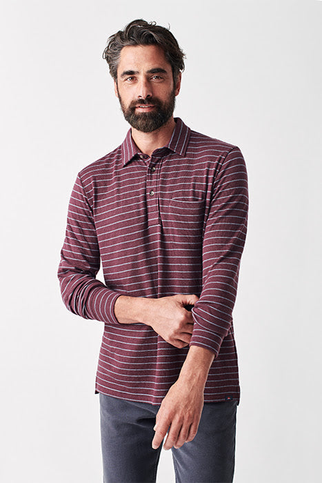 Otrium,Faherty, Faherty Burgundy Striped Ultra Soft Long Sleeve Polo With Front Chest Pocket, Red, Extra Large-48-TagXLMedium-41-TagMLarge-46-TagL