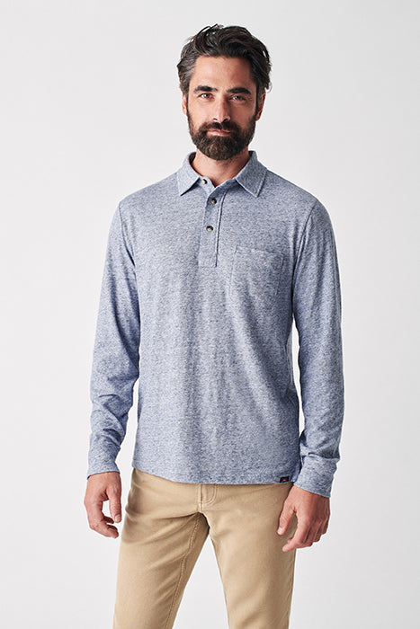Otrium,Faherty, Faherty Heather Blue Knit Long Sleeve Polo, Blue, Medium-41-TagM