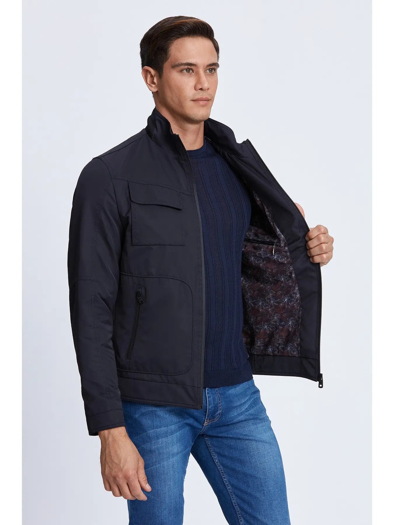 Faire,Bottega (Garnet), Bottega Navy Lightweight Waterproof Nylon Zip Up Jacket With Two Chest Pockets, Blue, Small-44-Tag48