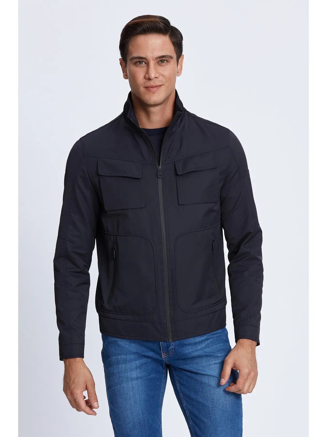 Faire,Bottega (Garnet), Bottega Navy Lightweight Waterproof Nylon Zip Up Jacket With Two Chest Pockets, Blue, Small-44-Tag48