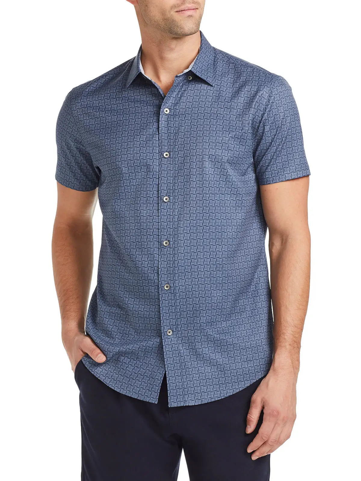 Faire,W.R.K., W.R.K Blue Grey Square Geometric Printed 4-Way Stretch Short Sleeve Shirt, Grey, Large-44-TagL