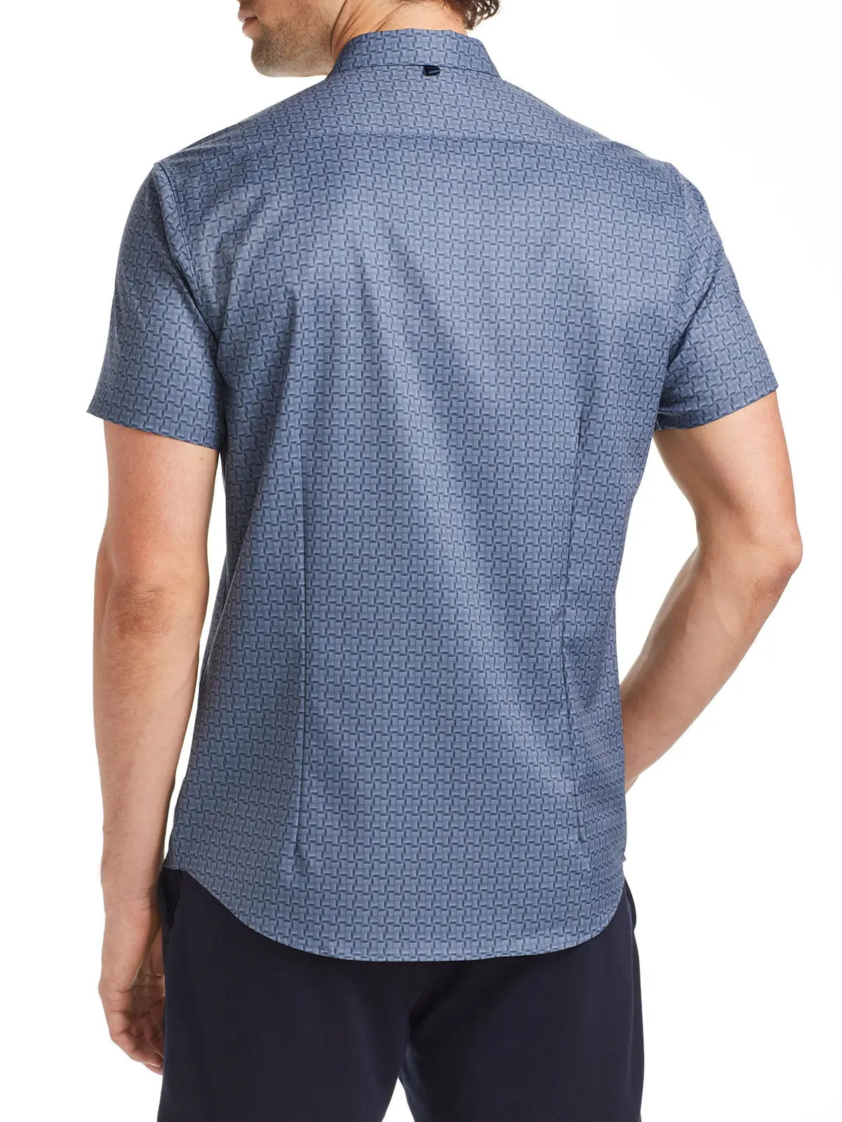 Faire,W.R.K., W.R.K Blue Grey Square Geometric Printed 4-Way Stretch Short Sleeve Shirt, Grey, Large-44-TagL