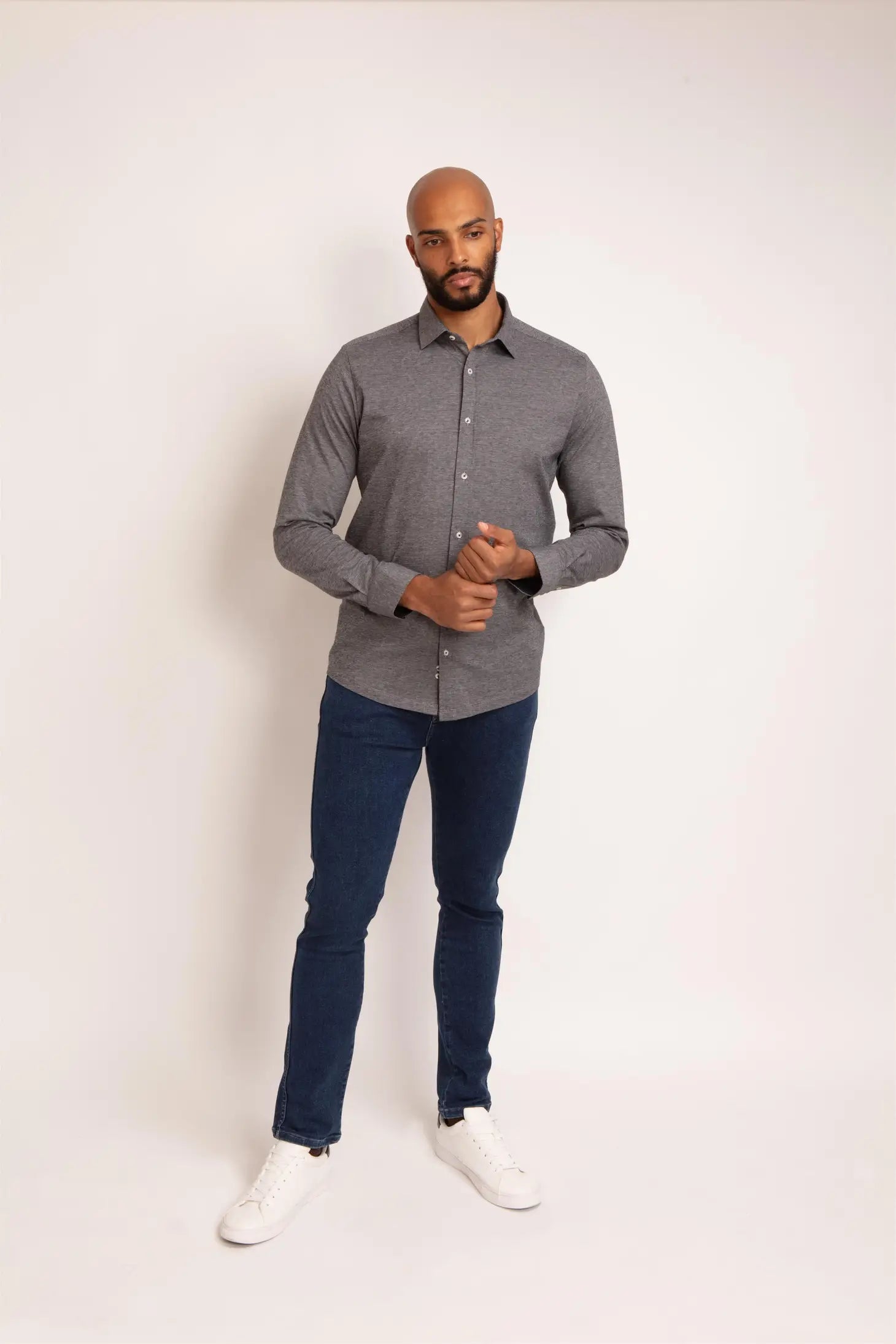 Faire,Guide London, Guide London Grey Pique Knit Long Sleeve Button Up, Blue, Medium-41-TagM