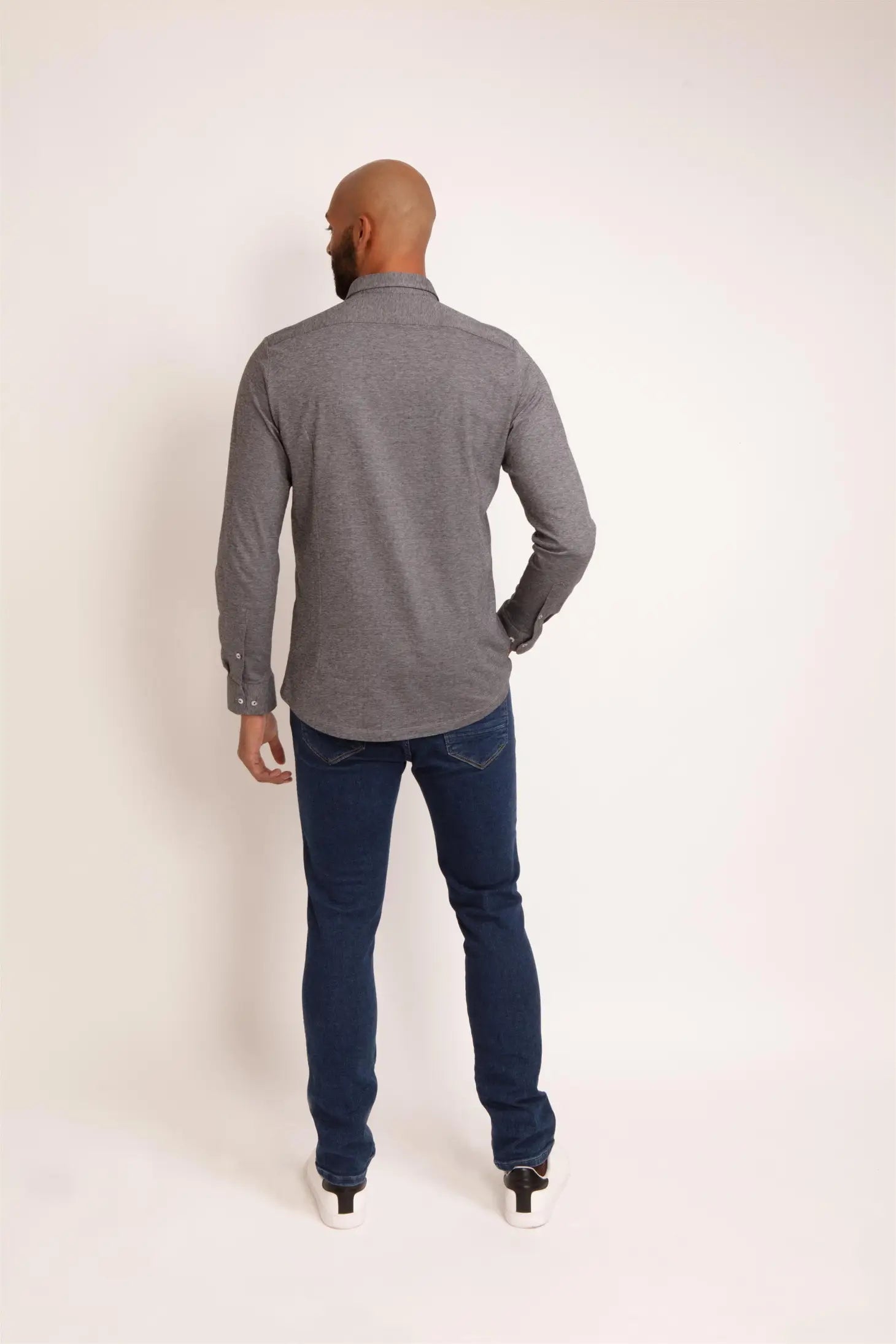 Faire,Guide London, Guide London Grey Pique Knit Long Sleeve Button Up, Blue, Large-47-TagXL