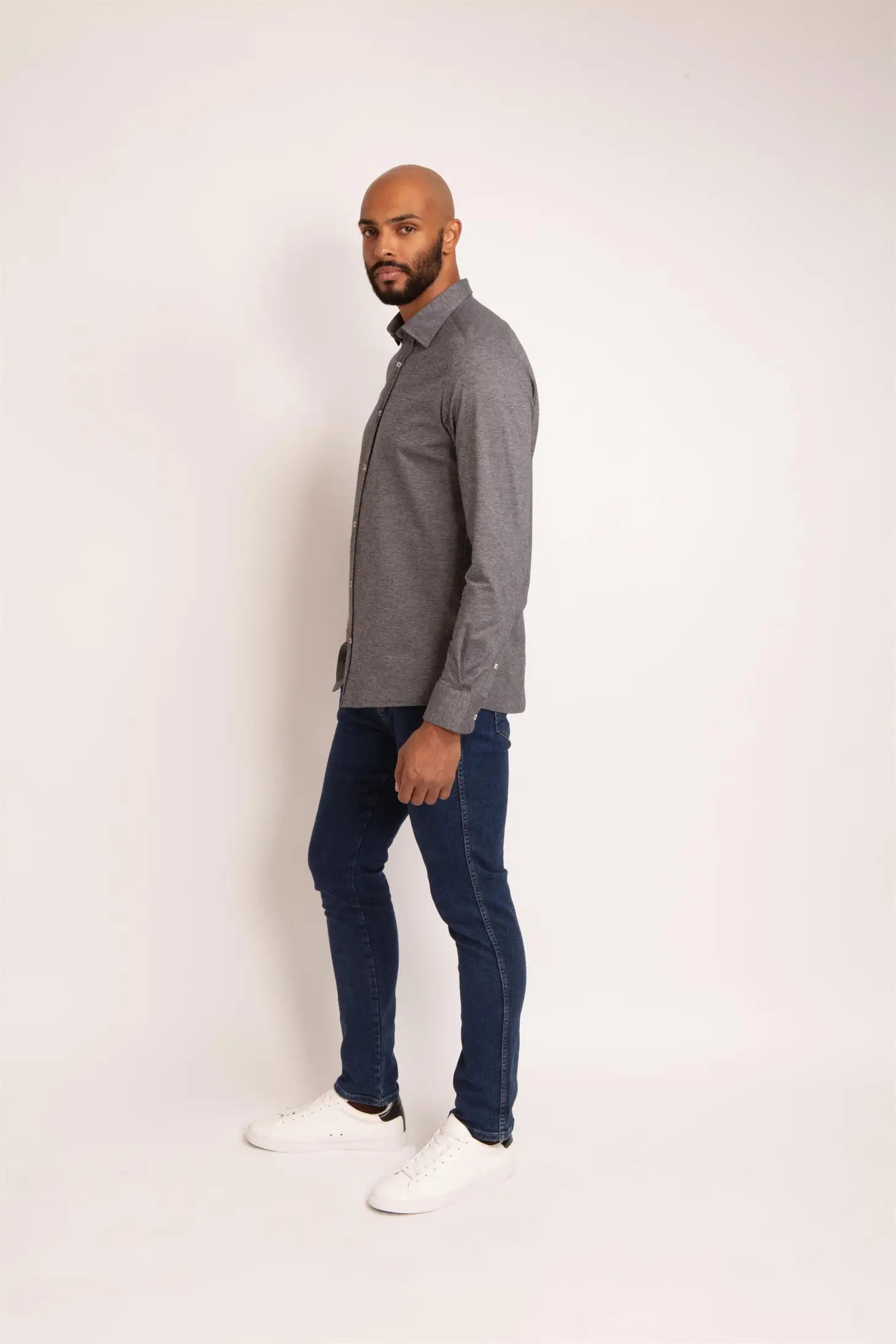 Faire,Guide London, Guide London Grey Pique Knit Long Sleeve Button Up, Blue, Large-47-TagXL