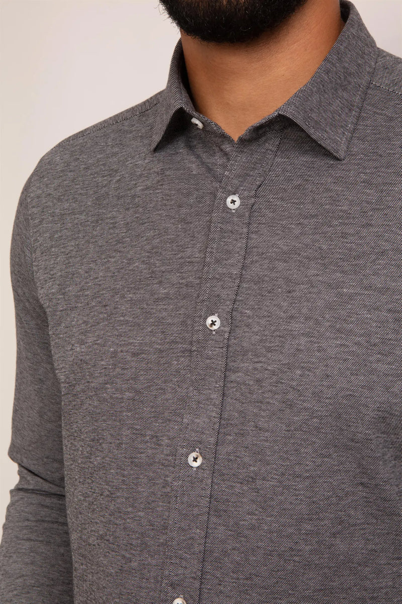 Guide London Grey Pique Knit Long Sleeve Button Up