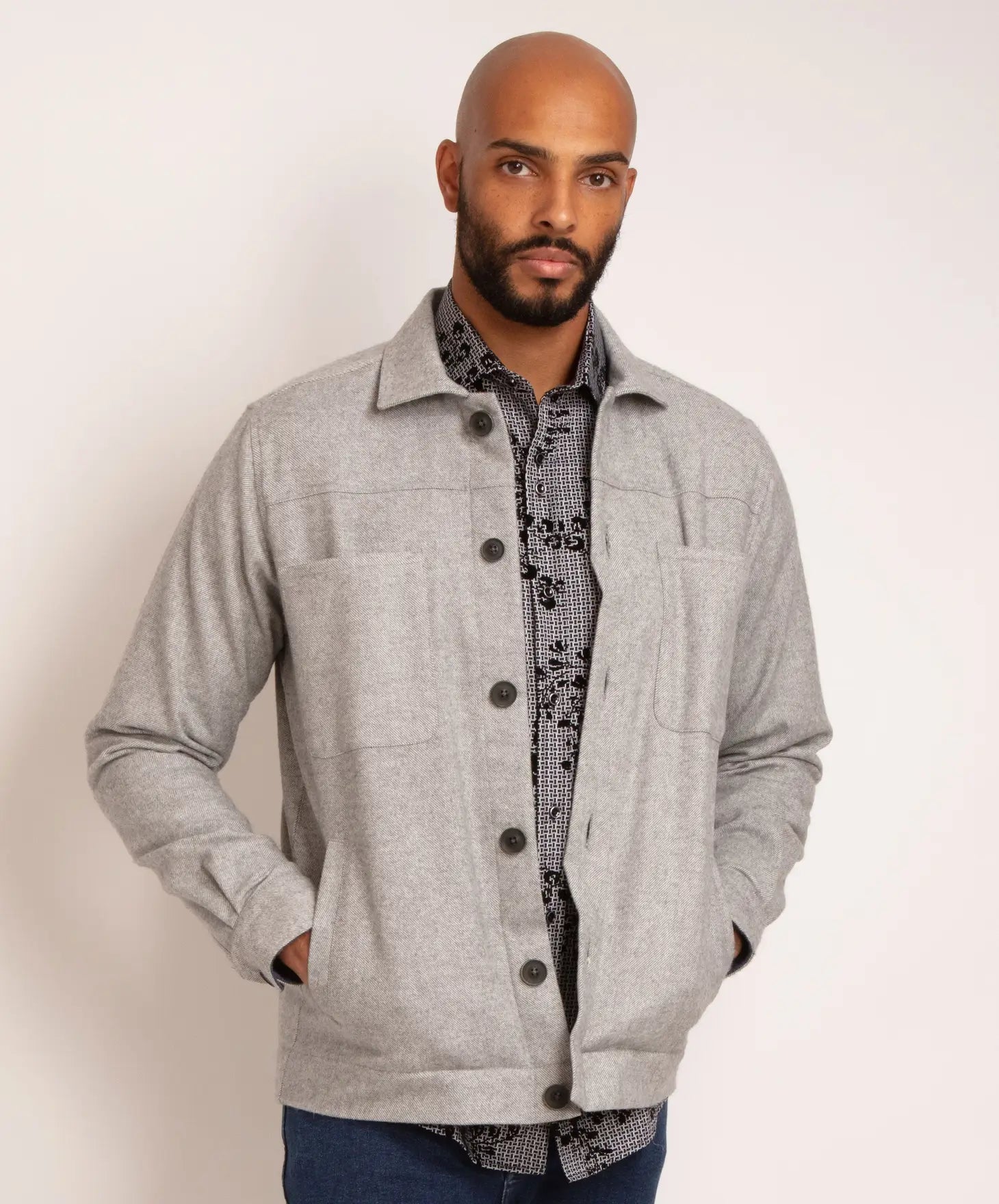 Faire,Guide London, Guide London Light Grey Brushed Herringbone Shacket, Grey, Large-45-TagL