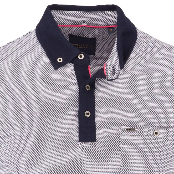 Guide London Navy And White Jacquard Short Sleeve Button Polo Shirt With Contrast Sleeves