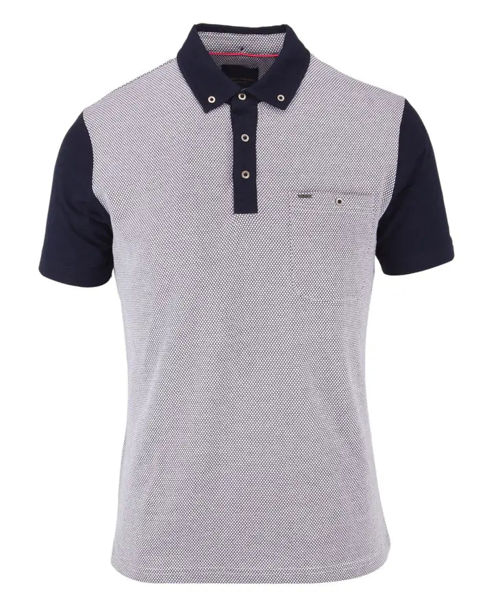 Faire,Guide London, Guide London Navy And White Jacquard Short Sleeve Button Polo Shirt With Contrast Sleeves, White, Small-40-TagS