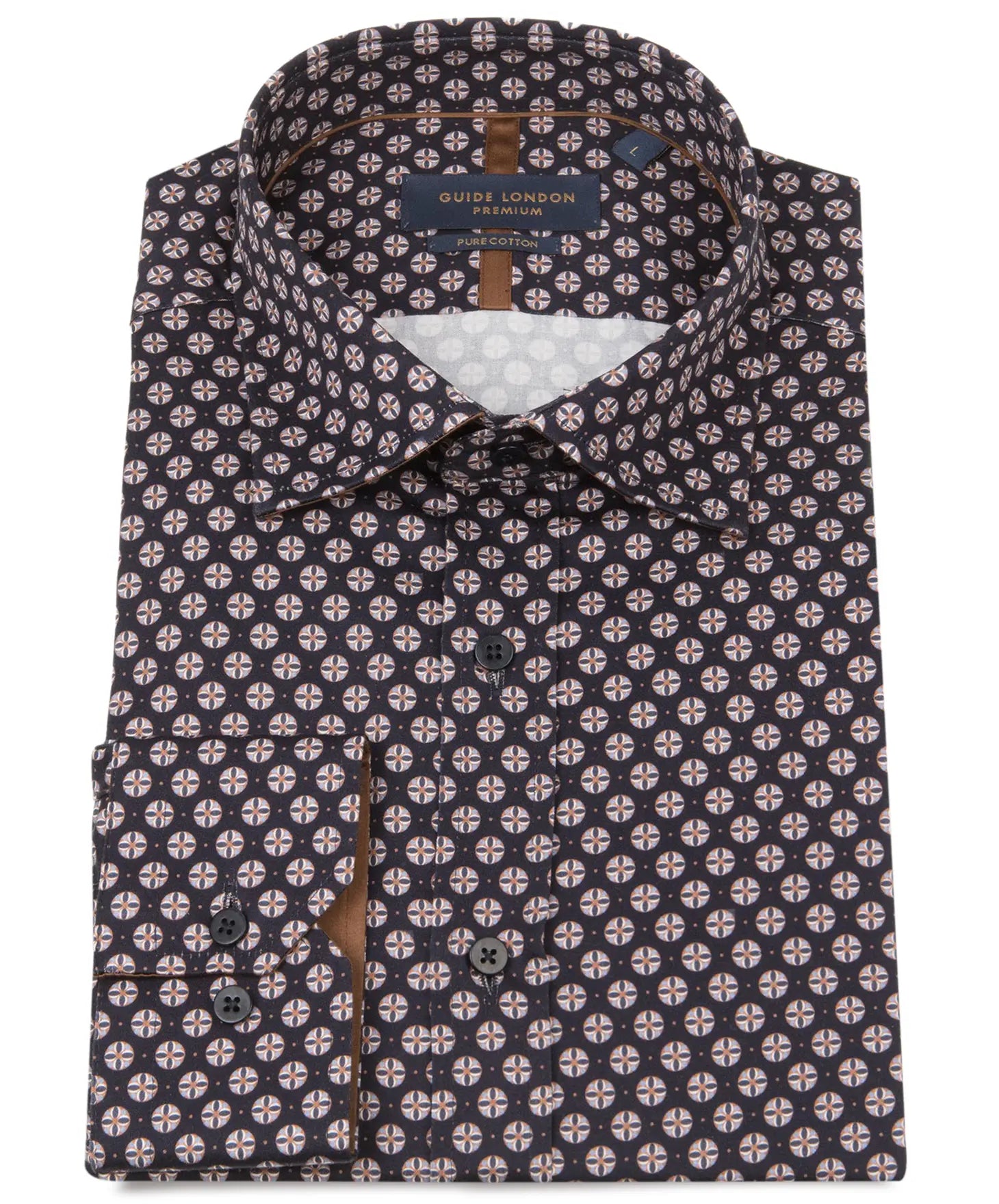Faire,Guide London, Guide London Navy Circle Geo Print Long Sleeve Button Up Shirt, Blue, Extra Large-47-TagXL