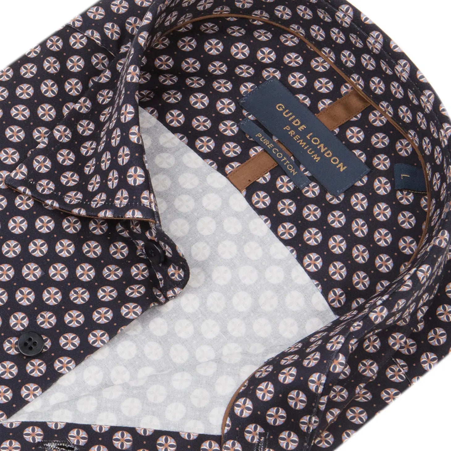 Faire,Guide London, Guide London Navy Circle Geo Print Long Sleeve Button Up Shirt, Blue, Medium-40-TagM