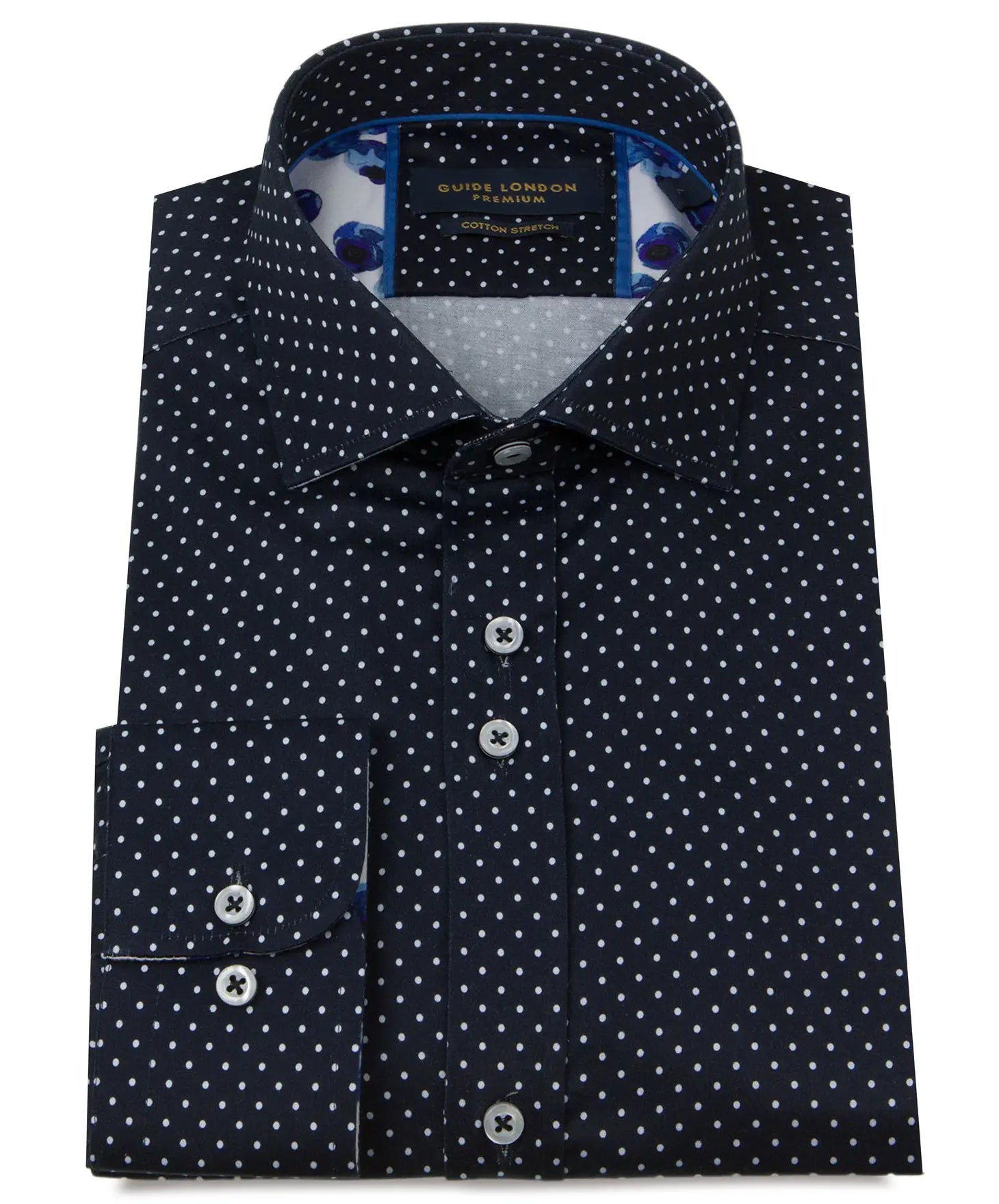 Faire,Guide London, Guide London Navy Dot Print Long Sleeve Button Up Shirt, Blue, Large-47-TagXL