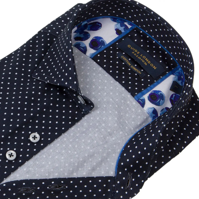 Guide London Navy Dot Print Long Sleeve Button Up Shirt