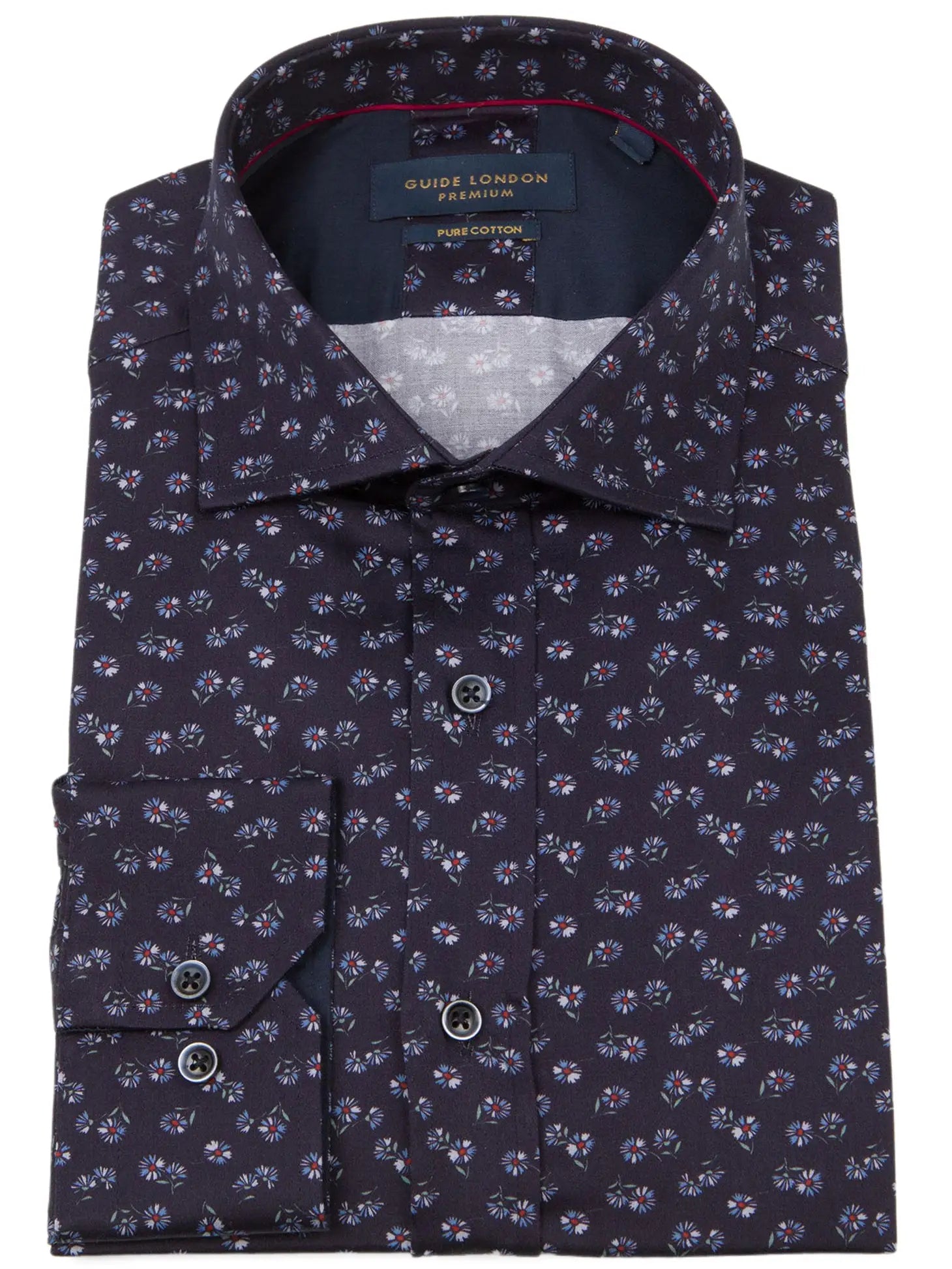 Faire,Guide London, Guide London Navy Micro Floral Print Long Sleeve Button Up Shirt, Blue, Large-47-TagXL