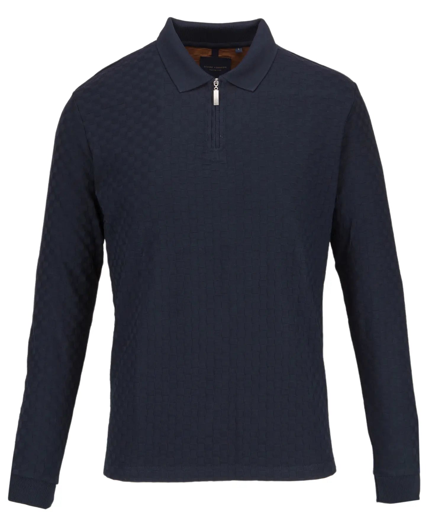 Faire,Guide London, Guide London Navy Tonal Check Pattern Texture Front Zip Long Sleeve Polo, Blue, Large-42-TagL