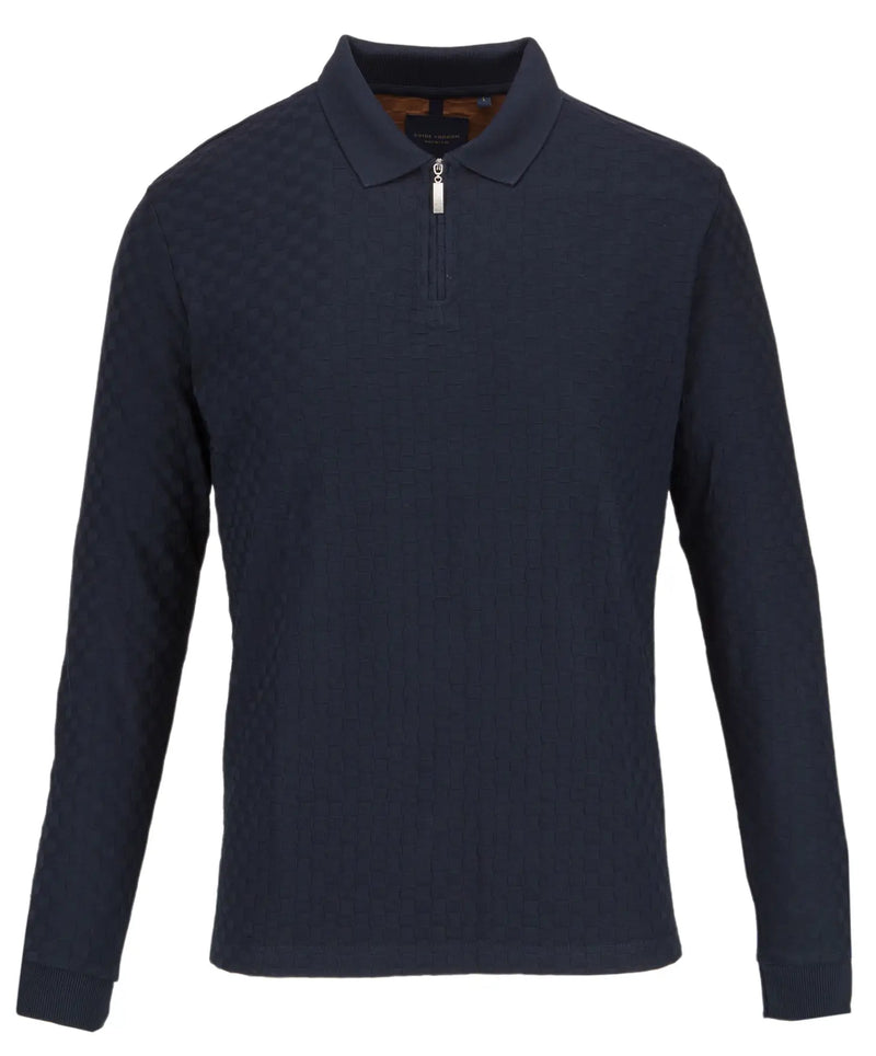 Guide London Navy Tonal Check Pattern Texture Front Zip Long Sleeve Polo