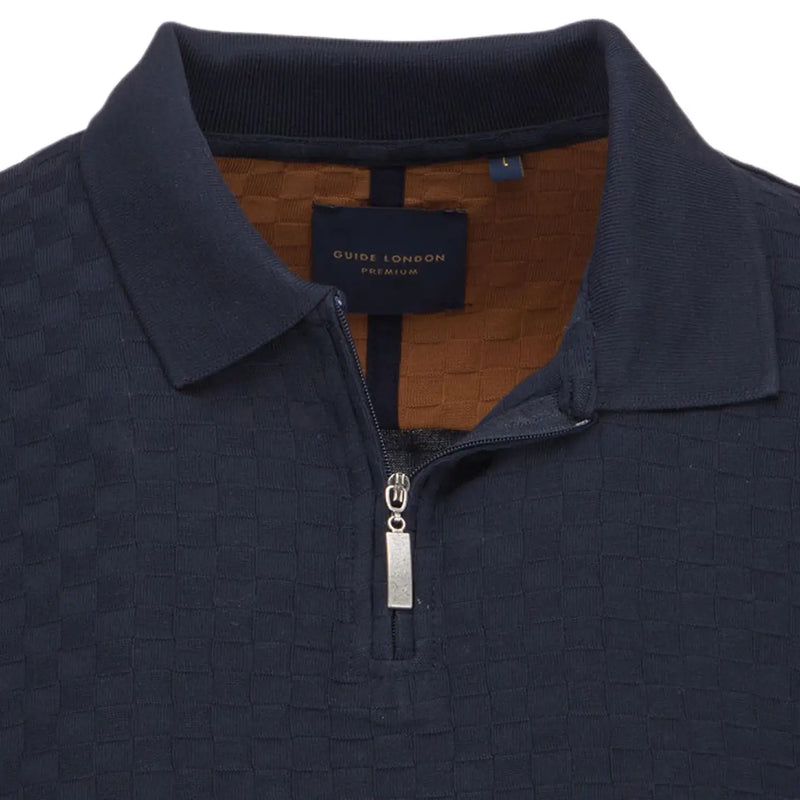 Guide London Navy Tonal Check Pattern Texture Front Zip Long Sleeve Polo