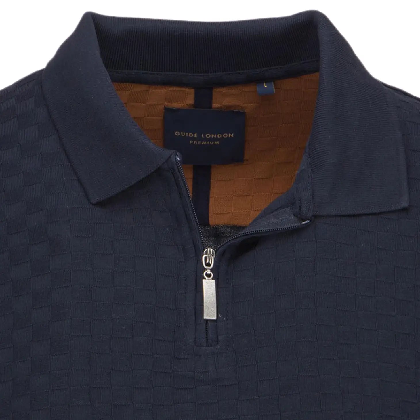 Faire,Guide London, Guide London Navy Tonal Check Pattern Texture Front Zip Long Sleeve Polo, Blue, Large-42-TagL