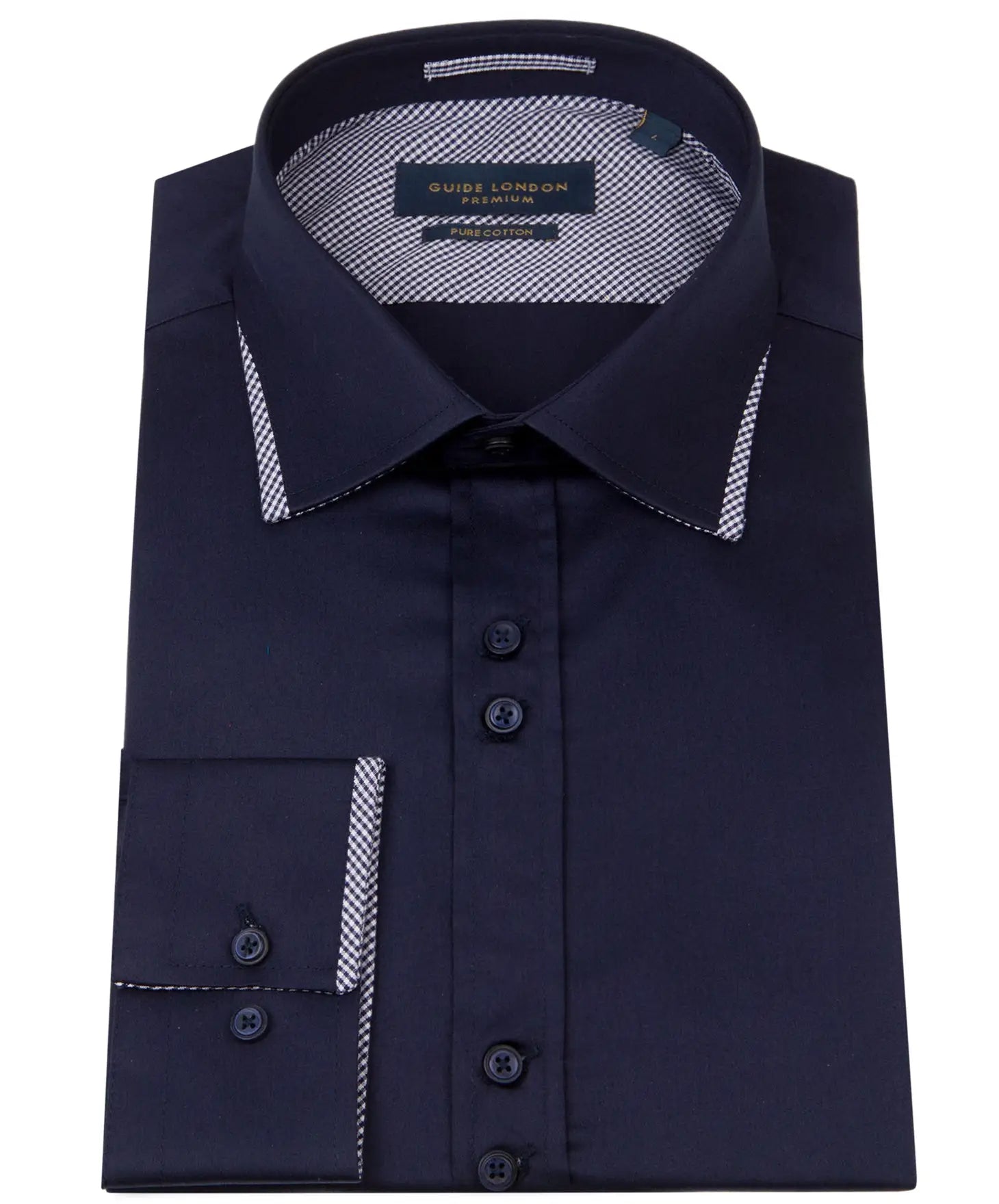 Faire,Guide London, Guide London Navy With Gingham Detail Long Sleeve Button Up Shirt, Blue, Small-42-TagM