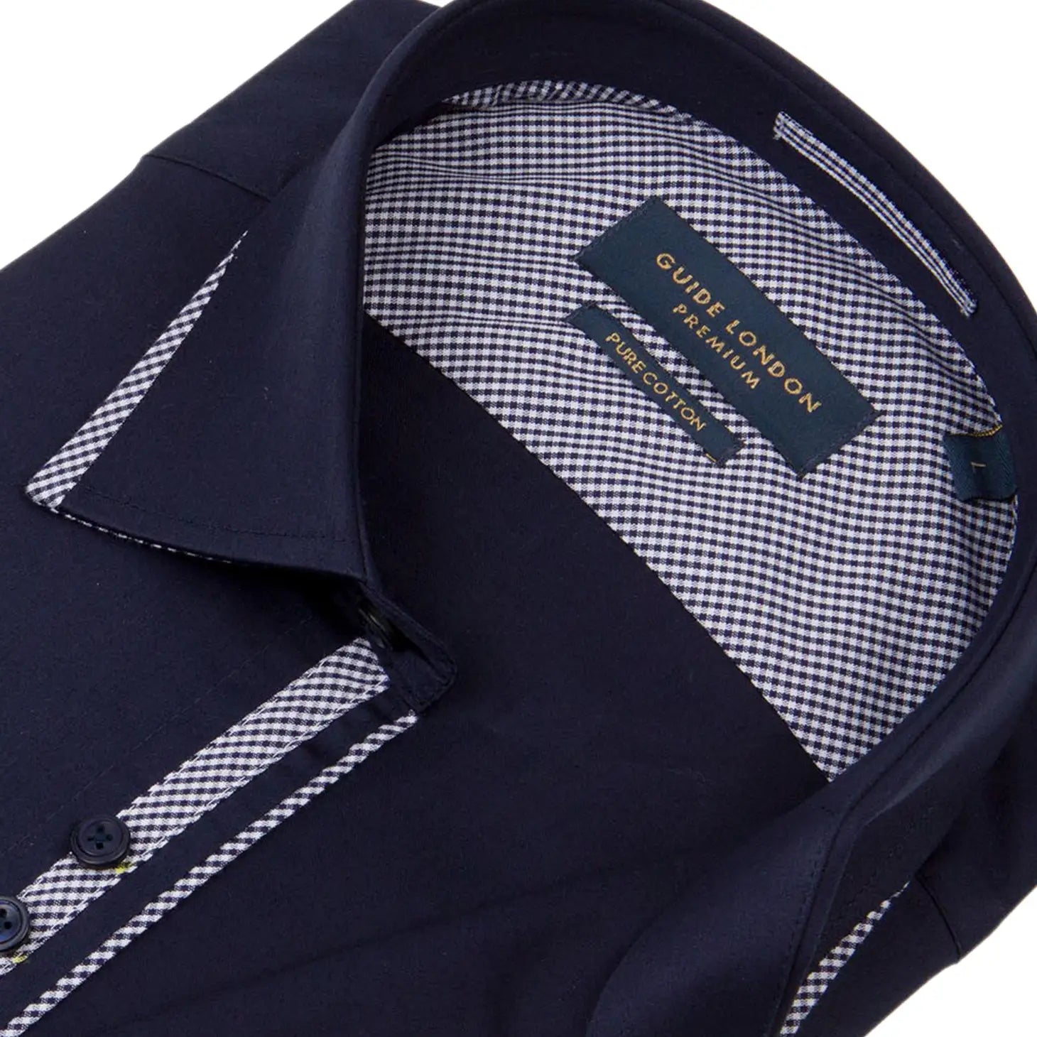 Faire,Guide London, Guide London Navy With Gingham Detail Long Sleeve Button Up Shirt, Blue, Large-47-TagXL