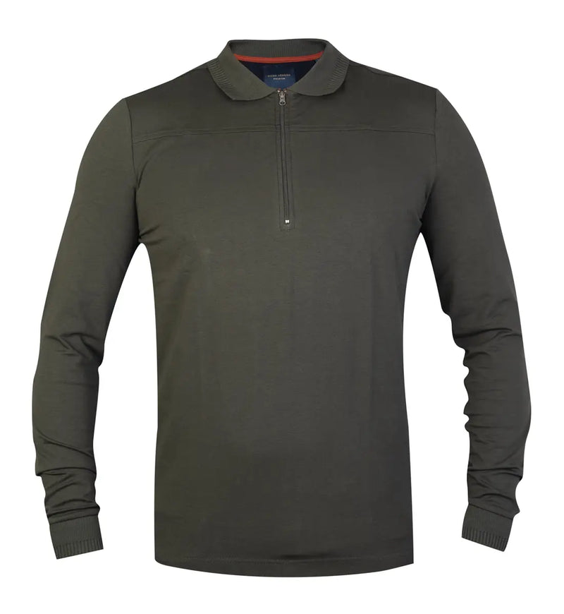 Guide London Olive Green Solid Jersey Knit Front Zip Long Sleeve Polo