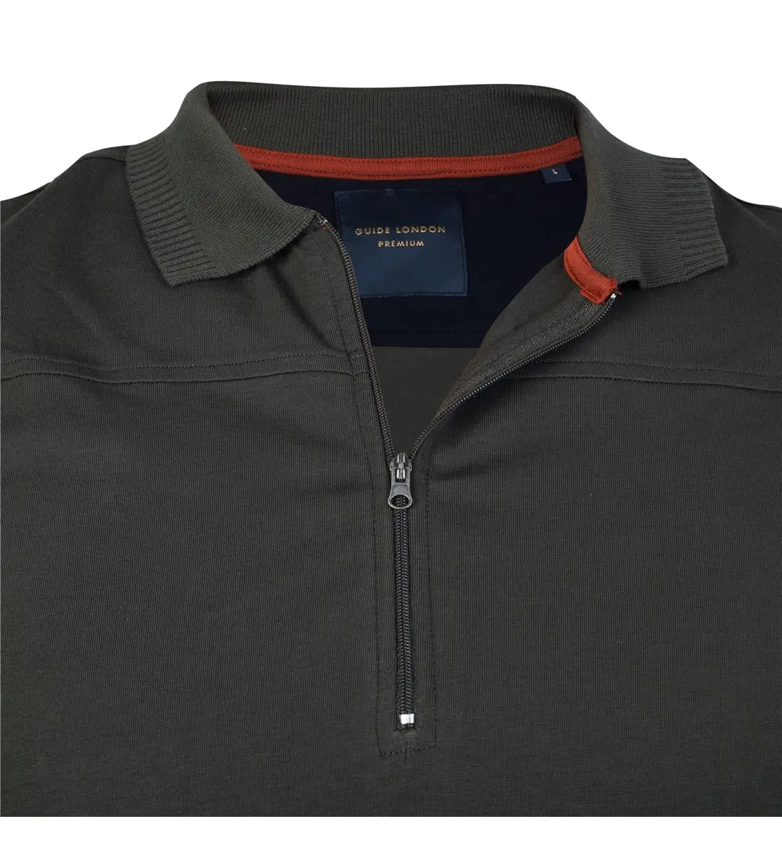 Faire,Guide London, Guide London Olive Green Solid Jersey Knit Front Zip Long Sleeve Polo, Green, Medium-41-TagM