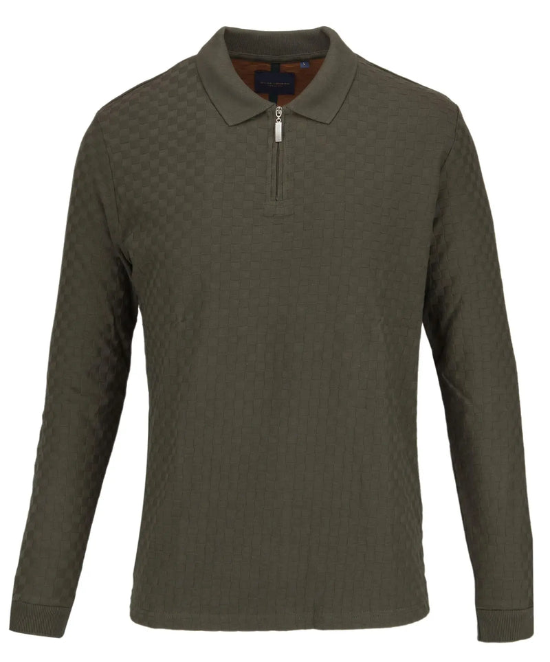 Guide London Olive Green Tonal Check Pattern Texture Front Zip Long Sleeve Polo